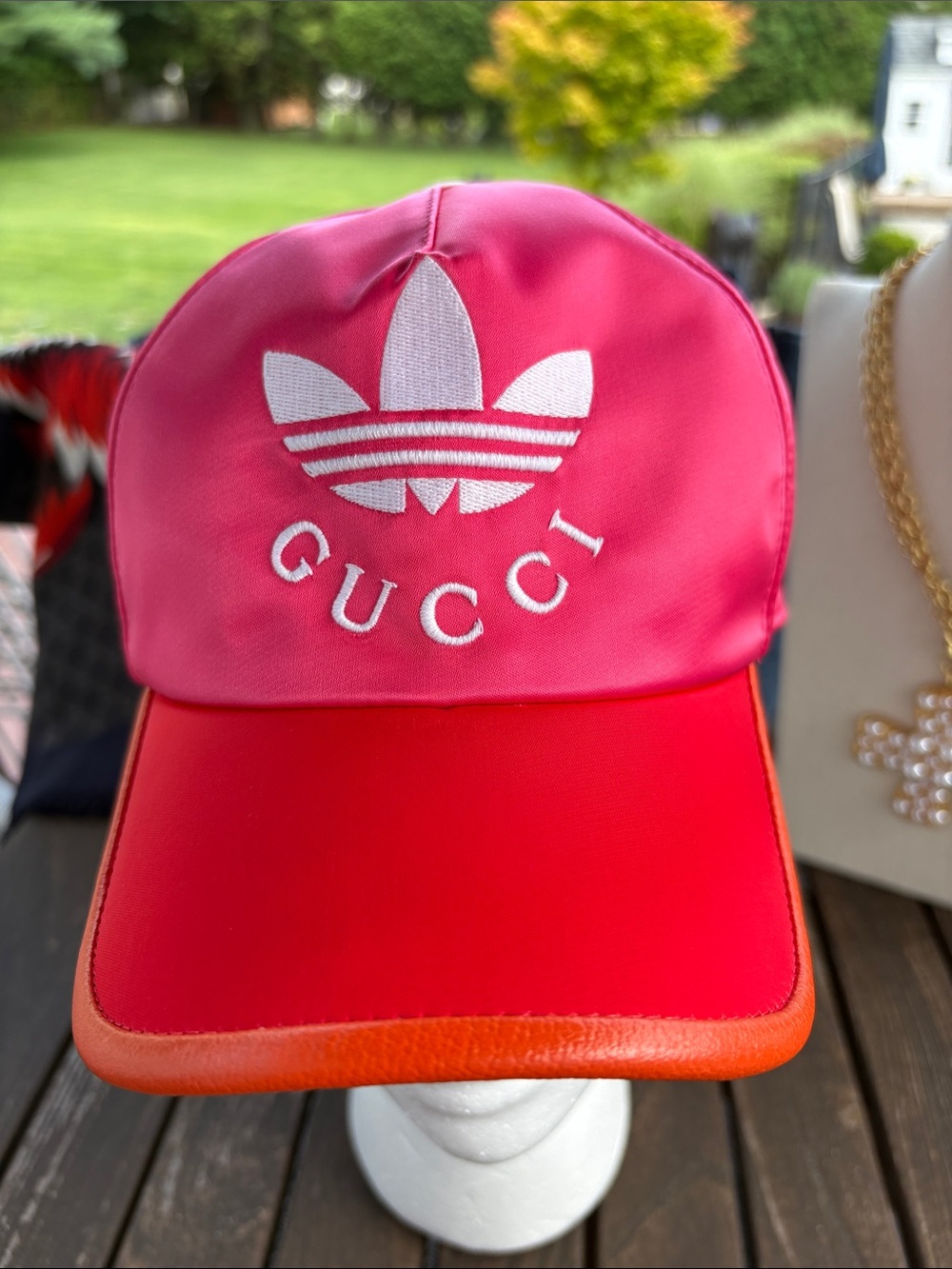 Gucci adidas Pink and Red Logo Baseball Cap with Orange Trim
